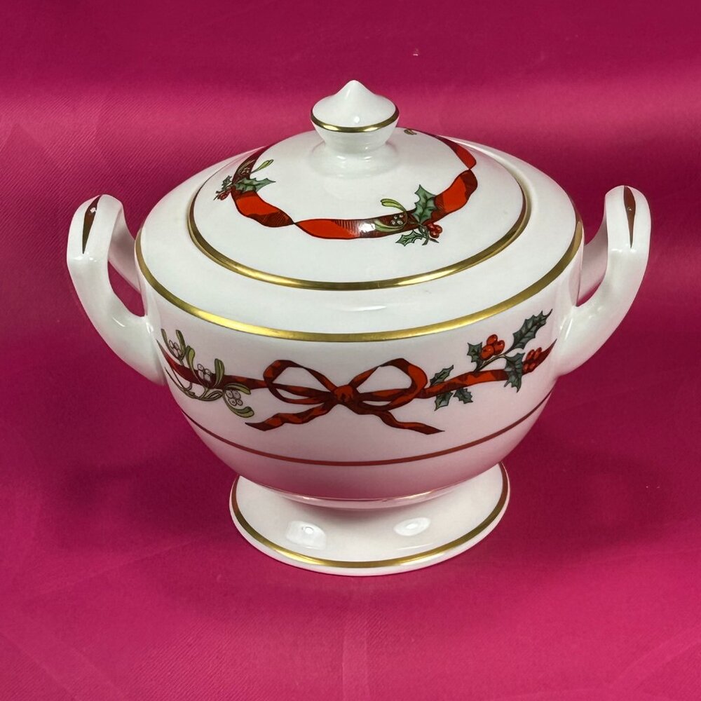 rare Royal Worcester UK Holly Ribbons bone china sugar bowl - Picture 2 of 7